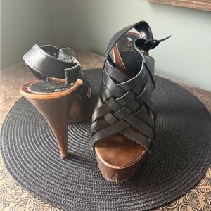 Bakers Italy, Black Leather, Wood-like Platform Braided Strappy Studded Heels
